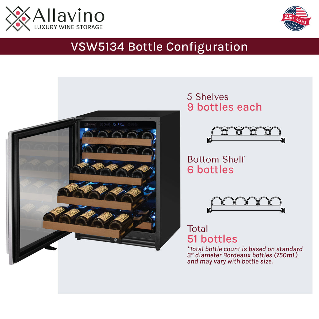 Allavino Reserva Series 51 Bottle Single Zone Built-in Luxury Wine Refrigerator with Stainless Steel Door - Left Hinge - VSW5134S-1SL