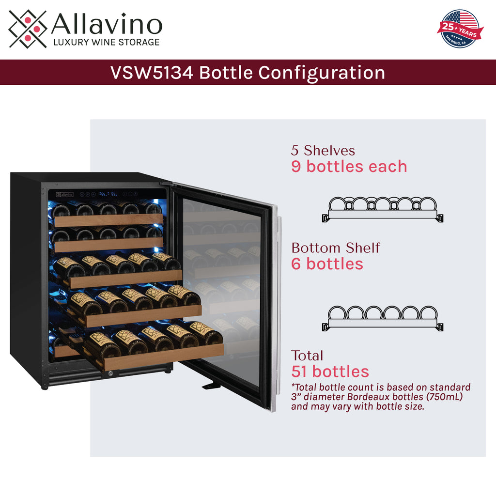 Allavino Reserva Series 51 Bottle Single Zone Built-in Luxury Wine Refrigerator with Stainless Steel Door - Right Hinge - VSW5134S-1SR