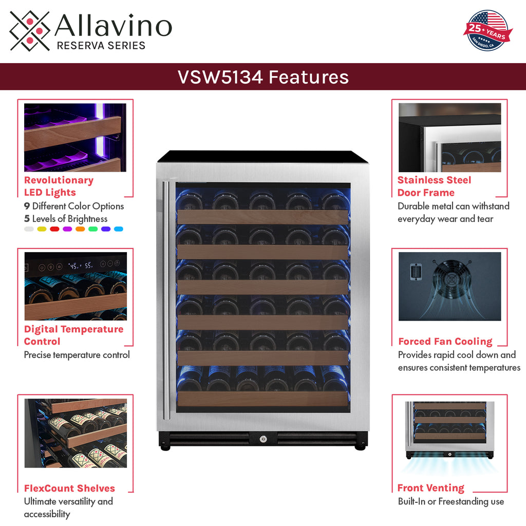 Allavino Reserva Series 51 Bottle Single Zone Built-in Luxury Wine Refrigerator with Stainless Steel Door - Right Hinge - VSW5134S-1SR