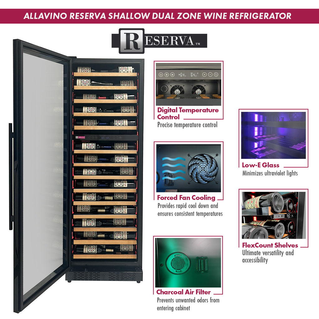 Allavino Reserva Series 67 Bottle 71" Tall Dual Zone Left Hinge Black Shallow Wine Refrigerator with Wood Front Shelves - VSW6771D-2BL-WD