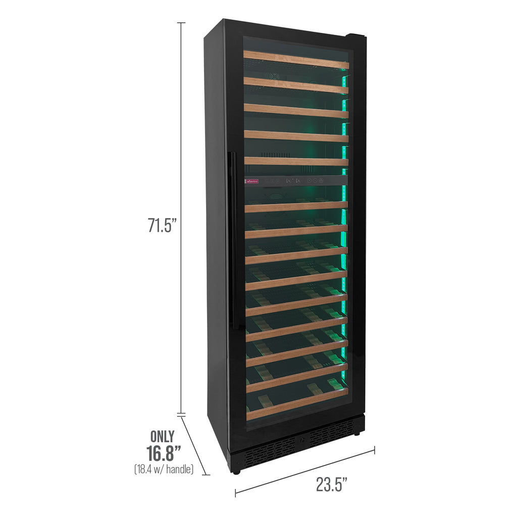 Allavino Reserva Series 67 Bottle 71" Tall Dual Zone Right Hinge Black Shallow Wine Refrigerator with Wood Front Shelves - VSW6771D-2BR-WD