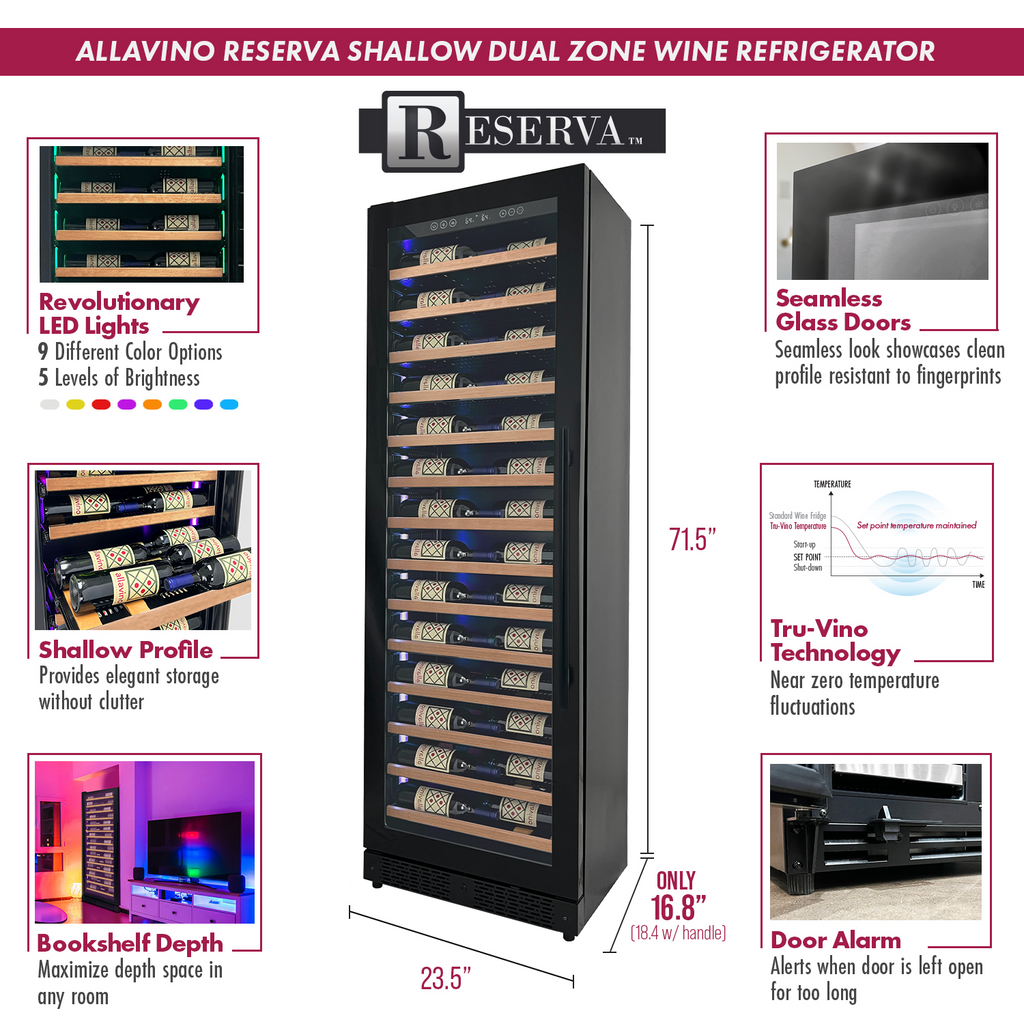 Allavino Reserva Series 67 Bottle 71" Tall Single Zone Left Hinge Black Shallow Wine Refrigerator with Wood Front Shelves - VSW6771S-1BL-WD
