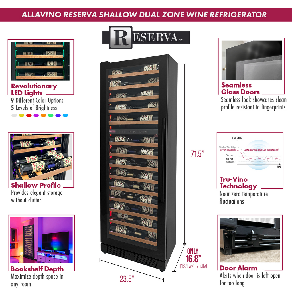 Allavino Reserva Series 67 Bottle 71" Tall Dual Zone Left Hinge Black Shallow Wine Refrigerator with Wood Front Shelves - VSW6771D-2BL-WD