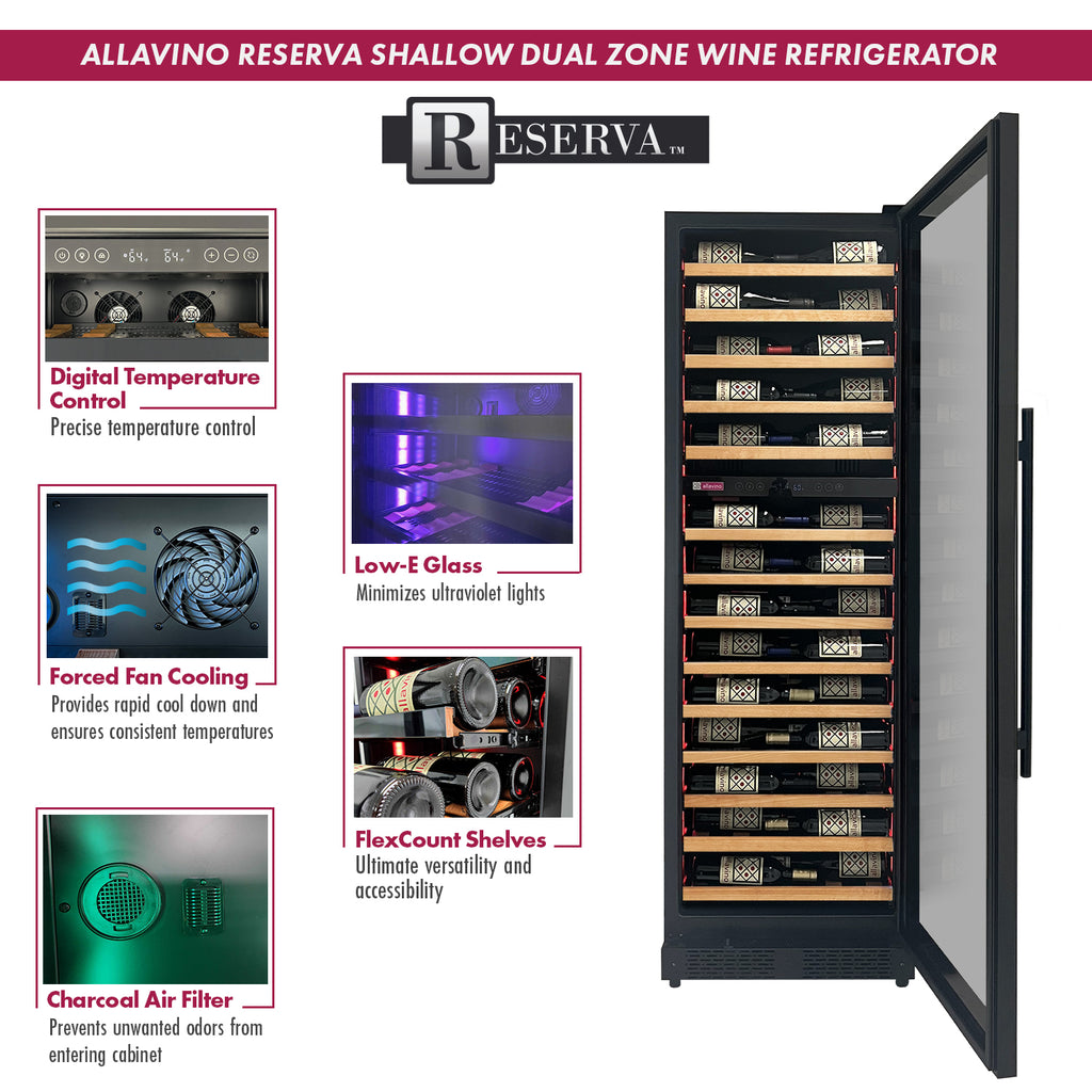 Allavino Reserva Series 67 Bottle 71" Tall Dual Zone Right Hinge Black Shallow Wine Refrigerator with Wood Front Shelves - VSW6771D-2BR-WD