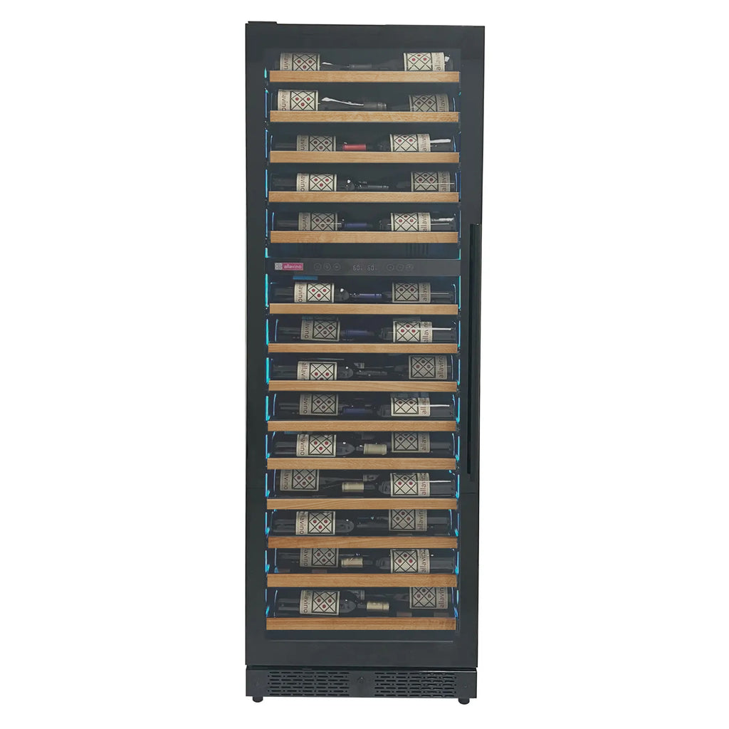 Allavino Reserva Series 67 Bottle 71" Tall Dual Zone Right Hinge Black Shallow Wine Refrigerator with Wood Front Shelves - VSW6771D-2BR-WD