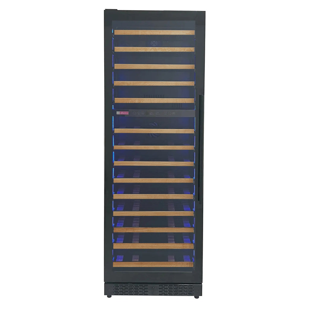 Allavino Reserva Series 67 Bottle 71" Tall Dual Zone Right Hinge Black Shallow Wine Refrigerator with Wood Front Shelves - VSW6771D-2BR-WD
