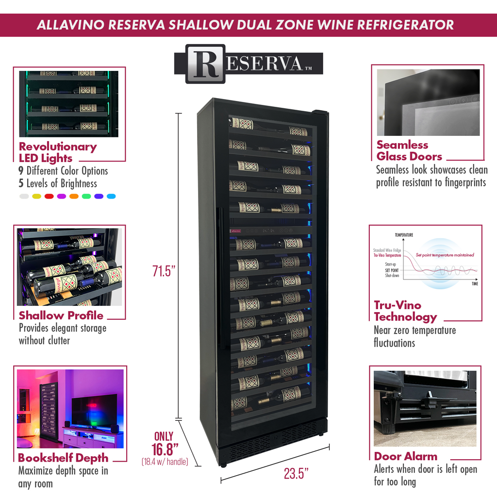 Allavino Reserva Series 67 Bottle 71" Tall Dual Zone Right Hinge Black Shallow Wine Cooler Refrigerator - VSW6771D-2BR