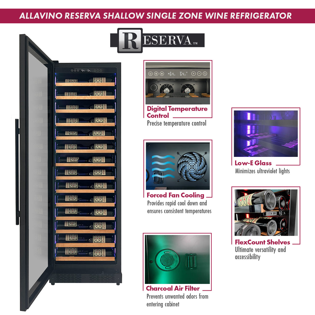 Allavino Reserva Series 67 Bottle 71" Tall Single Zone Left Hinge Black Shallow Wine Refrigerator with Wood Front Shelves - VSW6771S-1BL-WD