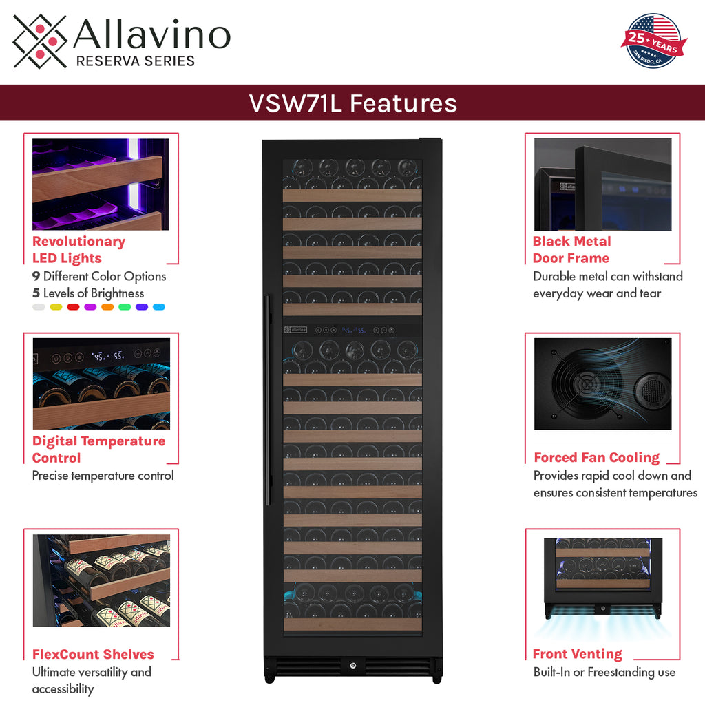 Allavino Reserva Series 172 Bottle Dual Zone Built-in Wine Refrigerator with Stainless Steel Door - Left Hinge - VSW71LD-2SL - Wine Cooler City