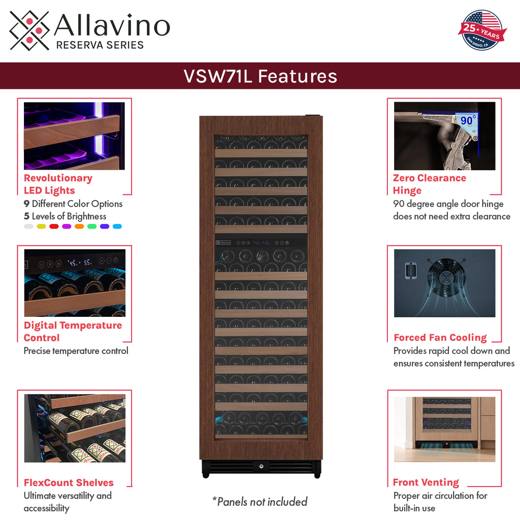 Allavino Reserva Series 172 Bottle Dual Zone Built-in Wine Refrigerator with Panel Ready Overlay - Right Hinge -  VSW71LD-2PRR
