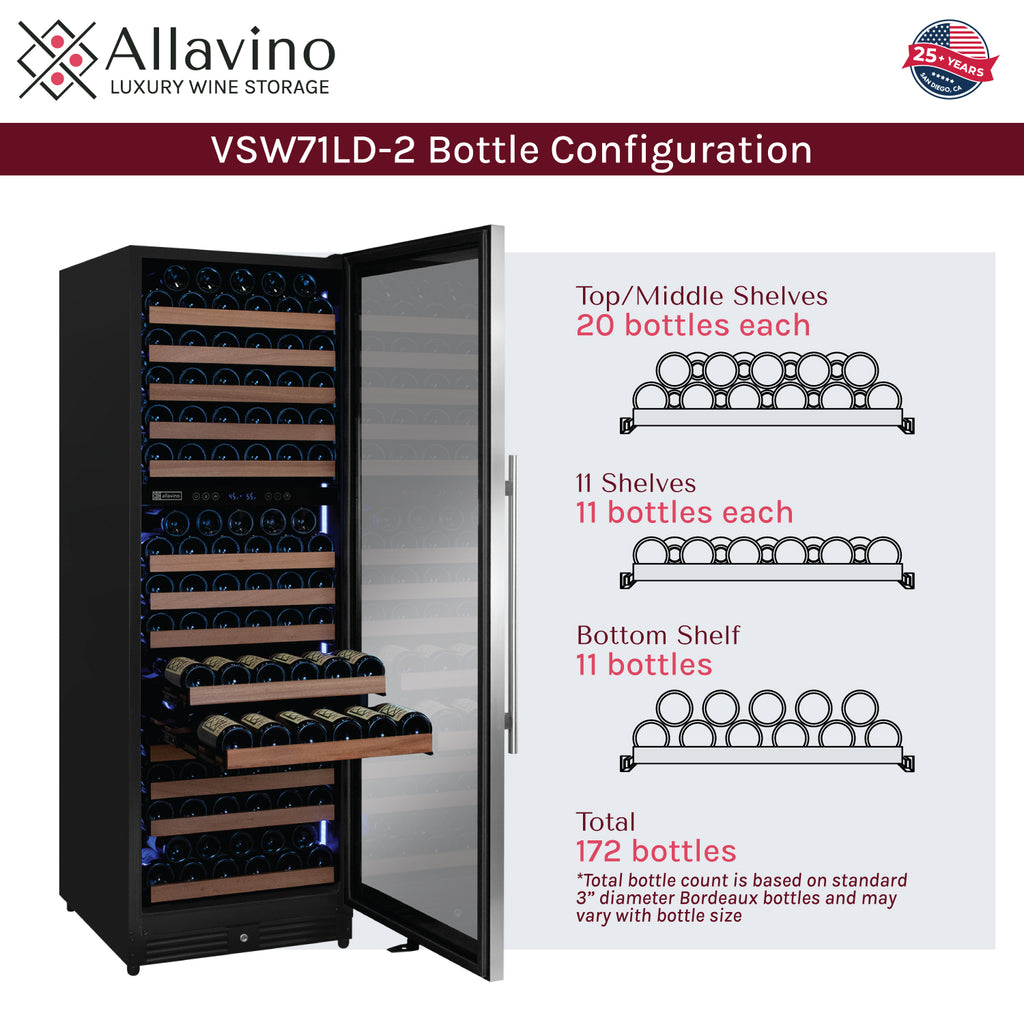 Allavino Reserva Series 172 Bottle Dual Zone Built-in Wine Refrigerator with Stainless Steel Door - Right Hinge - VSW71LD-2SR - Wine Cooler City