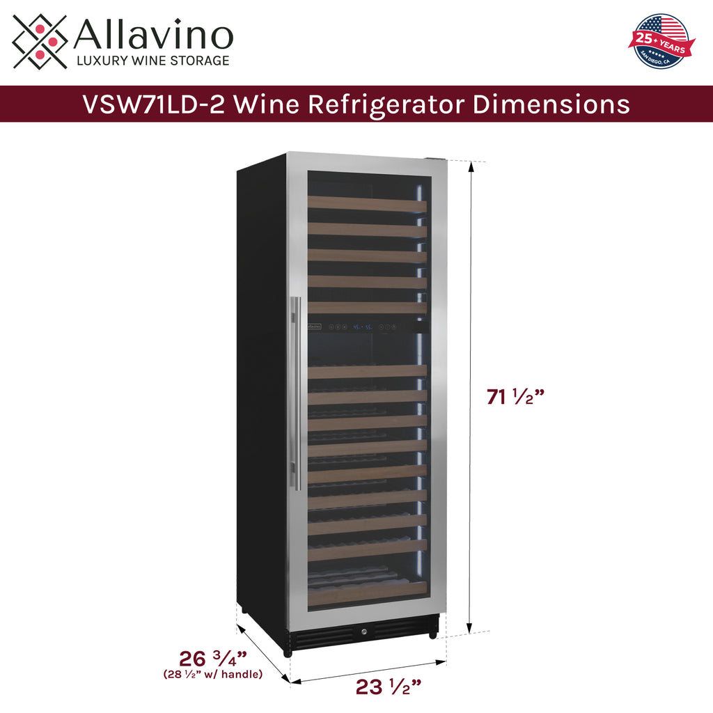 Allavino Reserva Series 172 Bottle Dual Zone Built-in Wine Refrigerator with Stainless Steel Door - Right Hinge - VSW71LD-2SR - Wine Cooler City