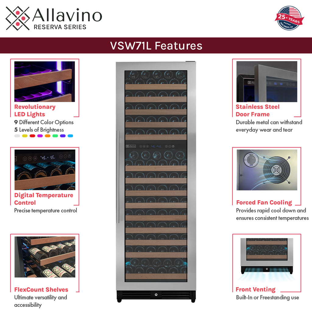 Allavino Reserva Series 172 Bottle Dual Zone Built-in Wine Refrigerator with Stainless Steel Door - Right Hinge - VSW71LD-2SR - Wine Cooler City