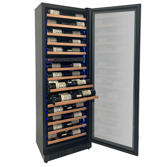 Allavino Reserva Series 67 Bottle 71" Tall Dual Zone Right Hinge Black Shallow Wine Refrigerator with Wood Front Shelves - VSW6771D-2BR-WD