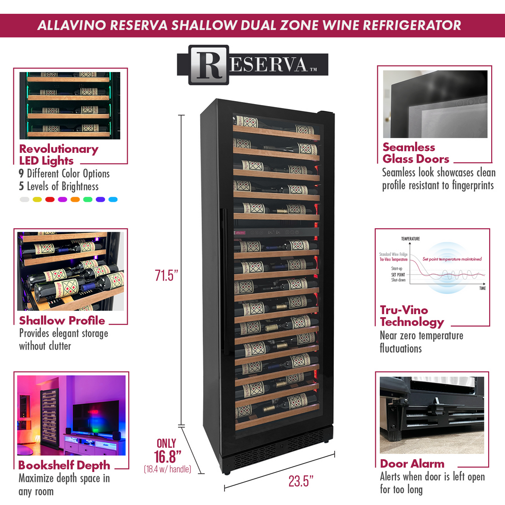 Allavino Reserva Series 67 Bottle 71" Tall Dual Zone Right Hinge Black Shallow Wine Refrigerator with Wood Front Shelves - VSW6771D-2BR-WD