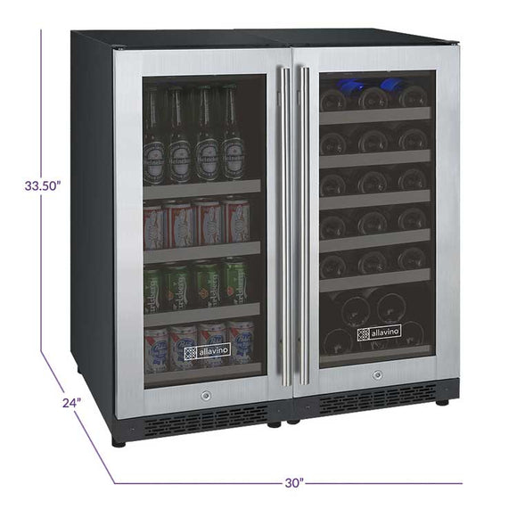 Allavino 30" Wide FlexCount II Tru-Vino 30 Bottle/88 Can Dual Zone Stainless Steel Built-In Wine Refrigerator/Beverage Center - VSWB30-2SF20