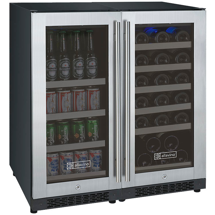 Allavino 30" Wide FlexCount II Tru-Vino 30 Bottle/88 Can Dual Zone Stainless Steel Side-by-Side Wine Refrigerator/Beverage Center - 3Z-VSWB15-2S20