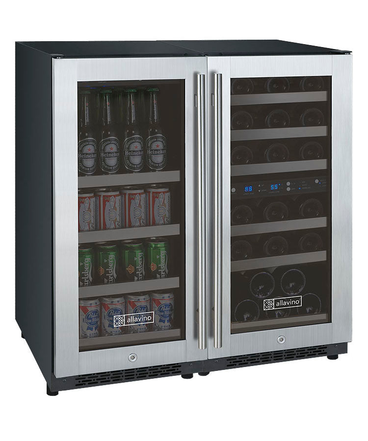 Allavino 30" Wide FlexCount II Tru-Vino 30 Bottle/88 Can Dual Zone Stainless Steel Side-by-Side Wine Refrigerator/Beverage Center - 3Z-VSWB15-3S20