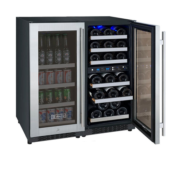 Allavino 30" Wide FlexCount II Tru-Vino 30 Bottle/88 Can Dual Zone Stainless Steel Side-by-Side Wine Refrigerator/Beverage Center - 3Z-VSWB15-3S20