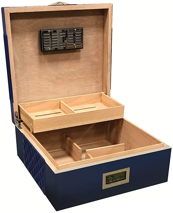 Prestige Import Group - Hampton Diamond Stitch Leather & Lacquer Finish Cigar Humidor - Capacity: Up to 200 - Color: Blue