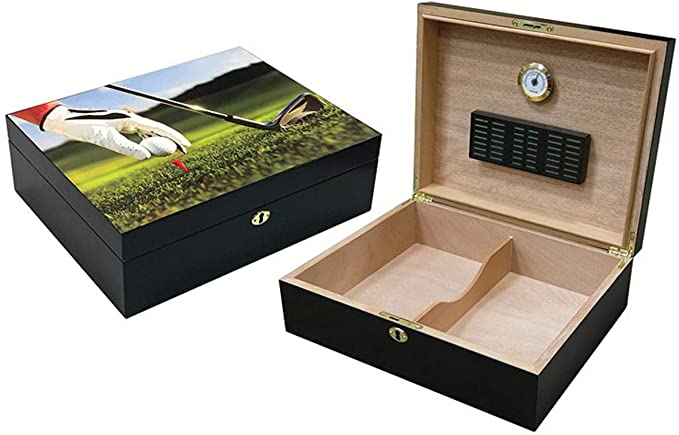 9 Iron Vivid 3D Golf Scene Cigar Humidor - Capacity: 75 - Black Satin Finish