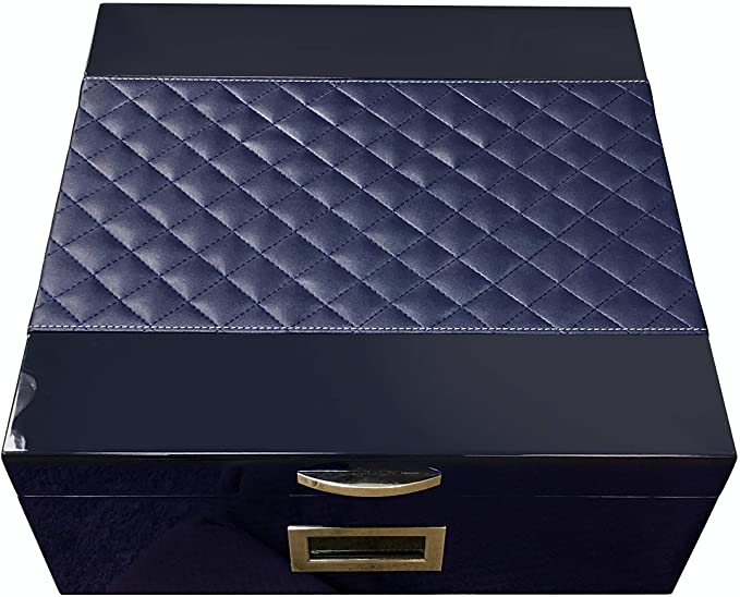Prestige Import Group - Hampton Diamond Stitch Leather & Lacquer Finish Cigar Humidor - Capacity: Up to 200 - Color: Blue
