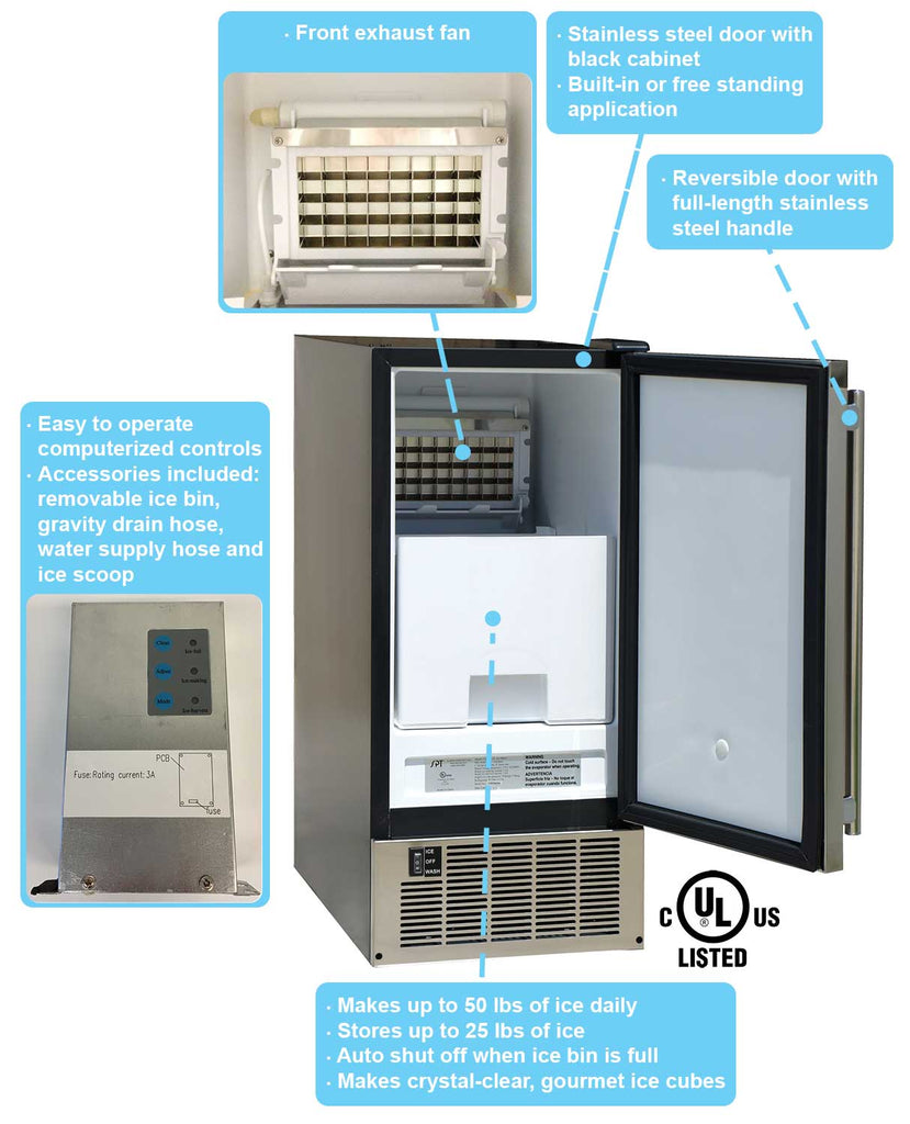 Sunpentown - IM-60YUS: 50LBS Stainless Steel Under-Counter Ice Maker