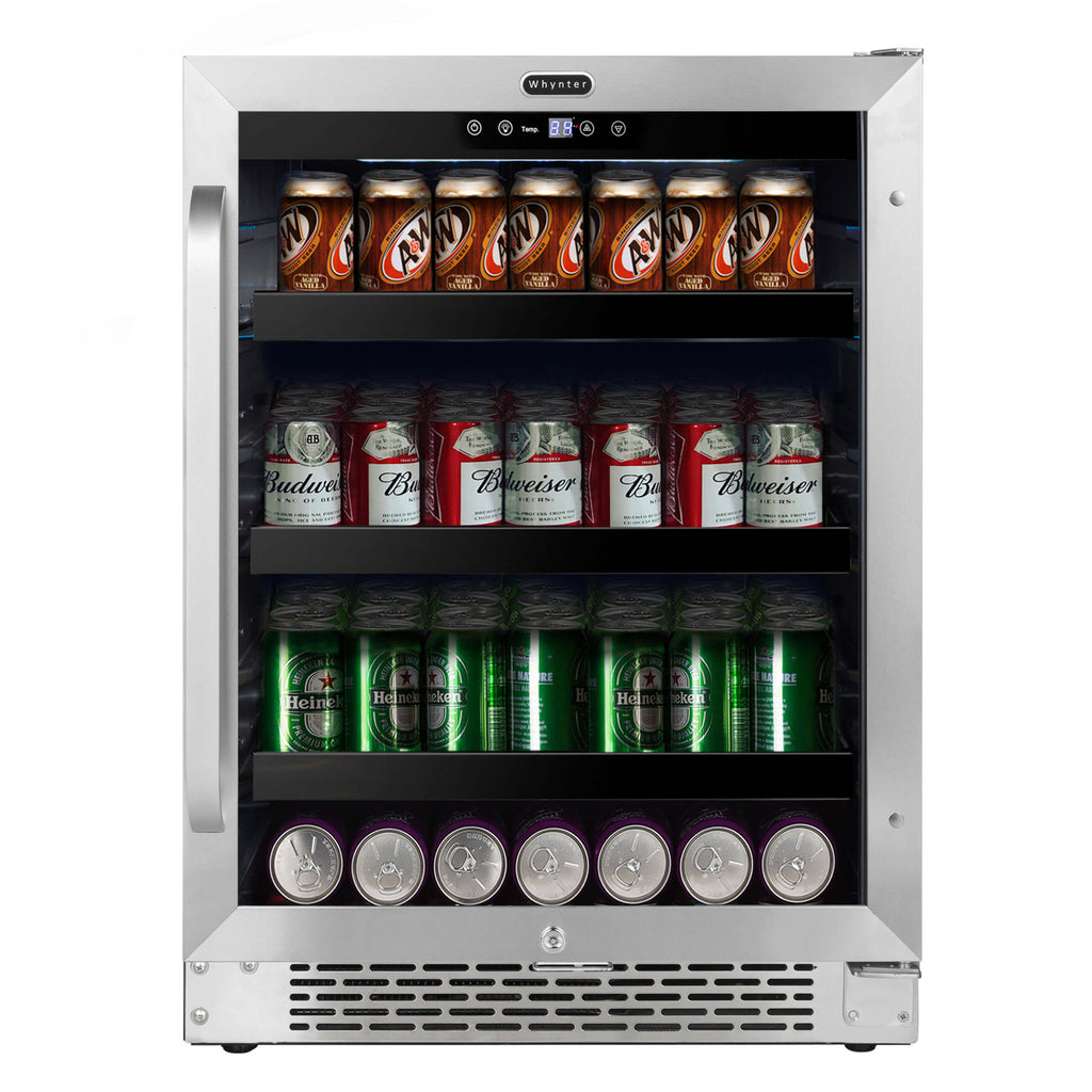 Whynter 24 inch Built-In 140 Can Undercounter Stainless Steel Beverage Refrigerator with Reversible Door, Digital Control, Lock and Carbon Filter - BBR-148SB