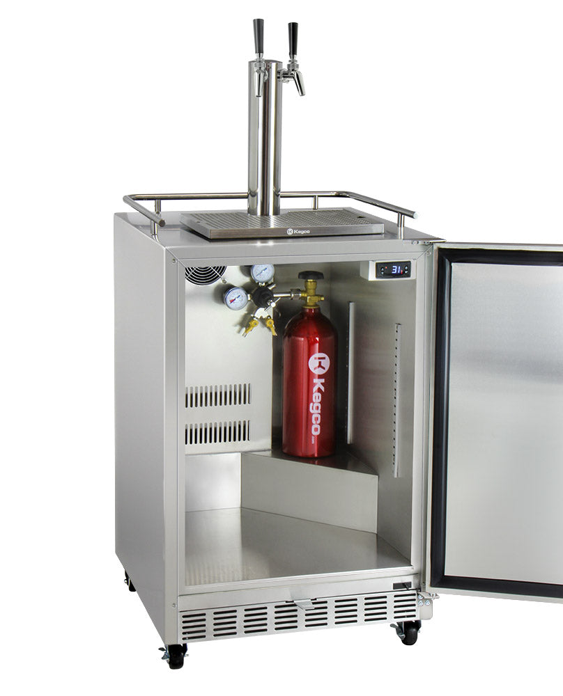 Kegco24" Wide Dual Tap All Stainless Steel Commercial Outdoor Left Hinge Kegerator with Kit - HK38SSC-L-2 - Wine Cooler City