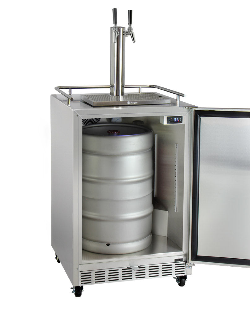 Kegco24" Wide Dual Tap All Stainless Steel Commercial Outdoor Left Hinge Kegerator with Kit - HK38SSC-L-2 - Wine Cooler City