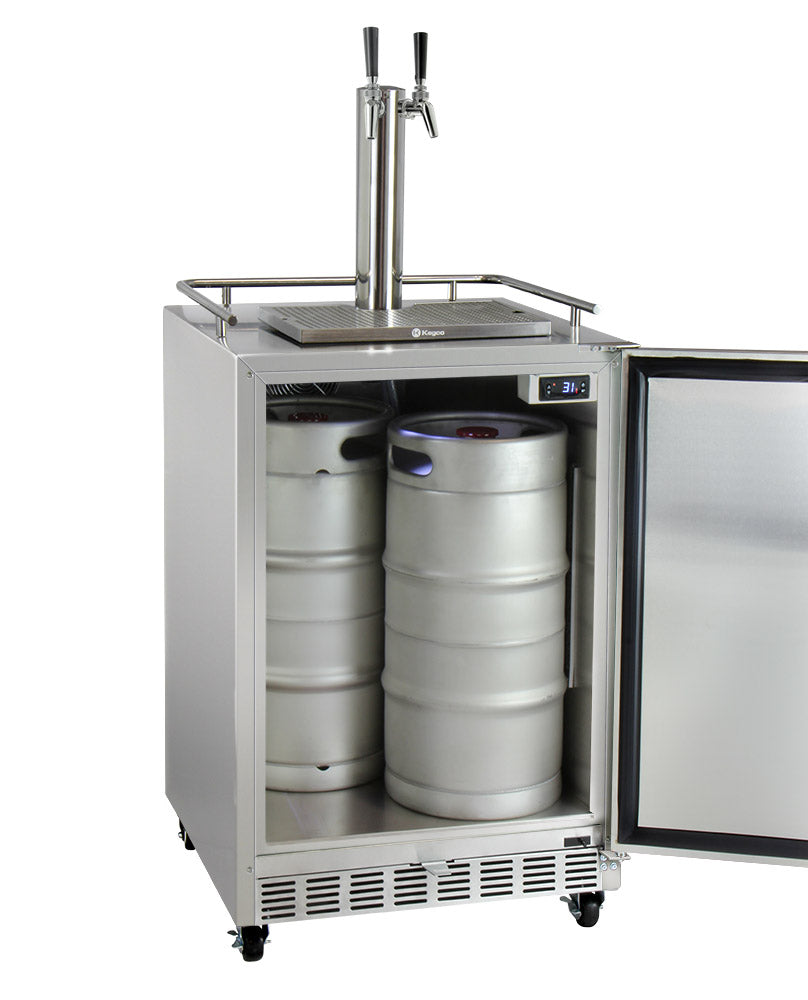 Kegco24" Wide Dual Tap All Stainless Steel Commercial Outdoor Left Hinge Kegerator with Kit - HK38SSC-L-2 - Wine Cooler City