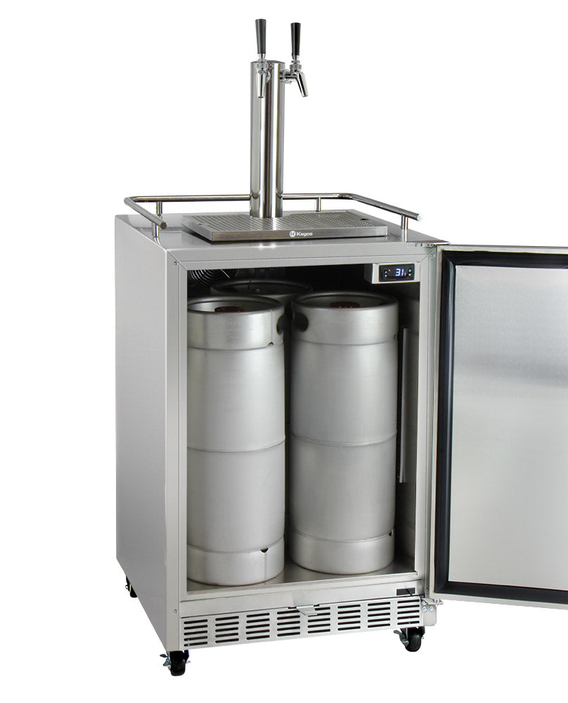 Kegco24" Wide Dual Tap All Stainless Steel Commercial Outdoor Left Hinge Kegerator with Kit - HK38SSC-L-2 - Wine Cooler City