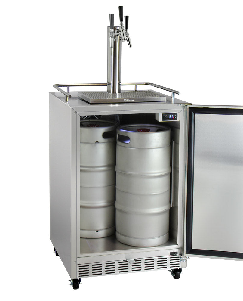 Kegco24" Wide Triple Tap All Stainless Steel Commercial Outdoor Left Hinge Kegerator with Kit - HK38SSC-L-3 - Wine Cooler City