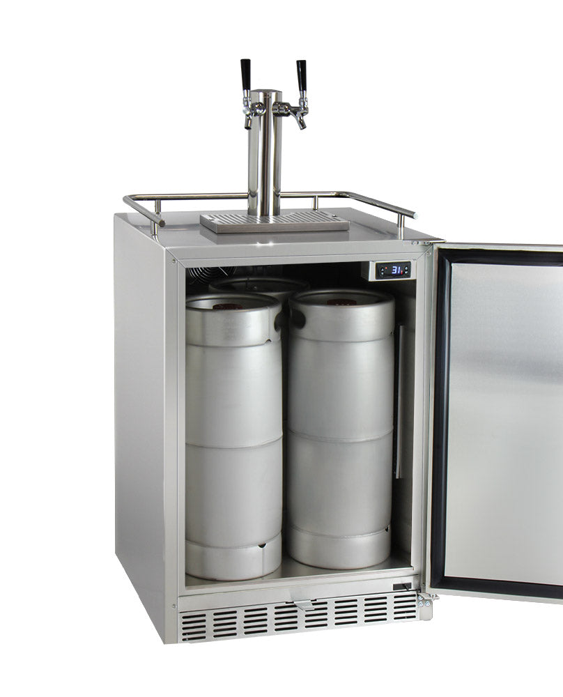 Kegco 24" Wide Dual Tap All Stainless Steel Outdoor Built-In Left Hinge Kegerator with Kit - HK38SSU-L-2 - Wine Cooler City