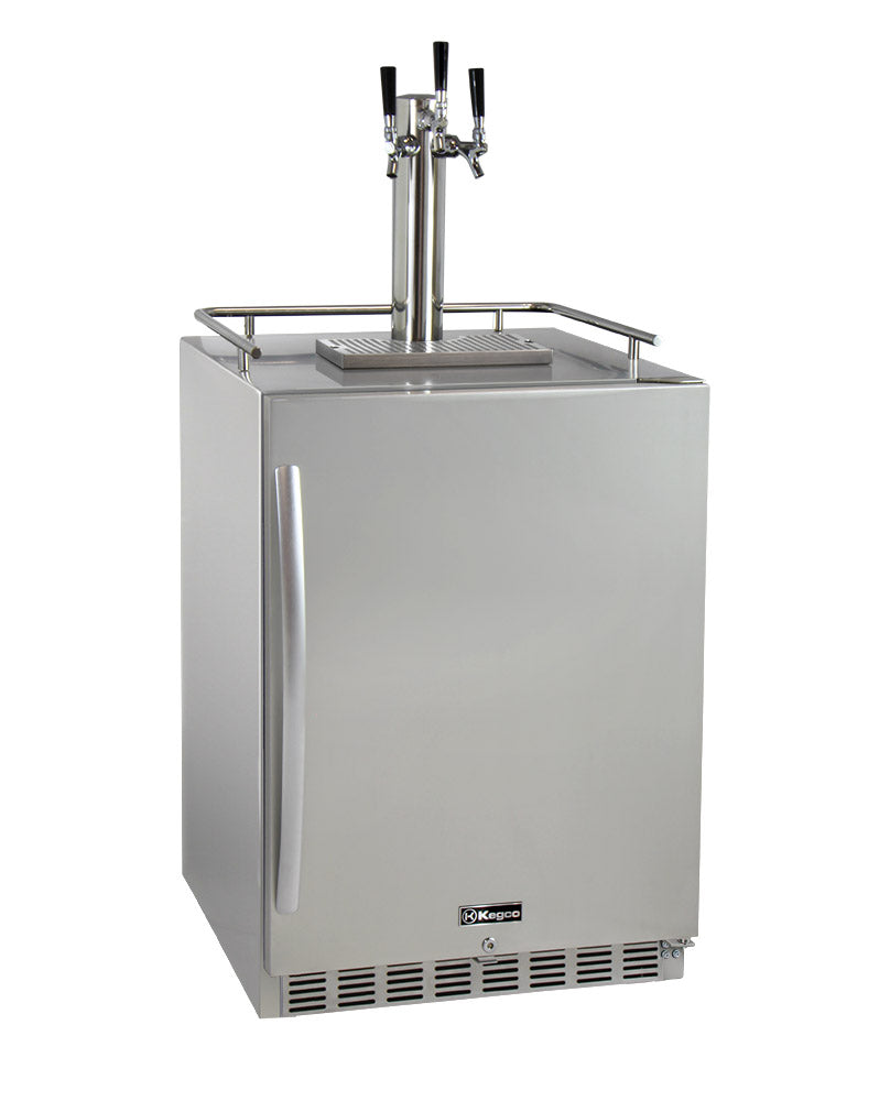 Kegco 24" Wide Triple Tap All Stainless Steel Outdoor Built-In Right Hinge Kegerator with Kit - HK38SSU-3 - Wine Cooler City
