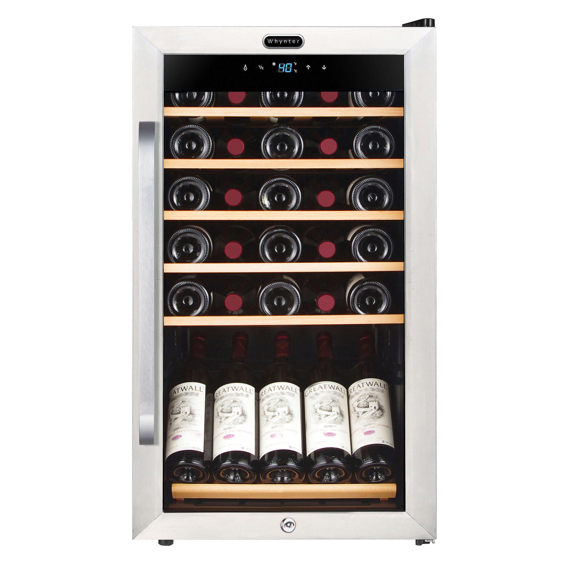 Whynter 34 Bottle Freestanding Stainless Steel Wine Refrigerator with Display Shelf and Digital Control - FWC-341TS - Wine Cooler City