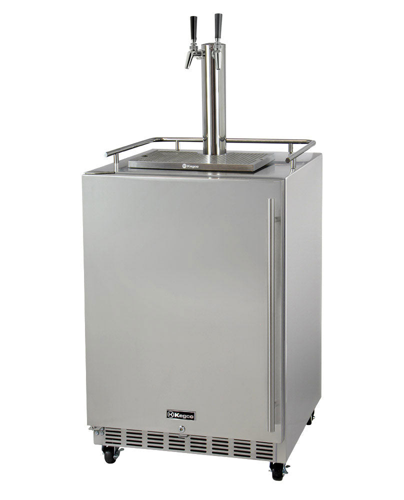Kegco24" Wide Dual Tap All Stainless Steel Commercial Outdoor Left Hinge Kegerator with Kit - HK38SSC-L-2 - Wine Cooler City