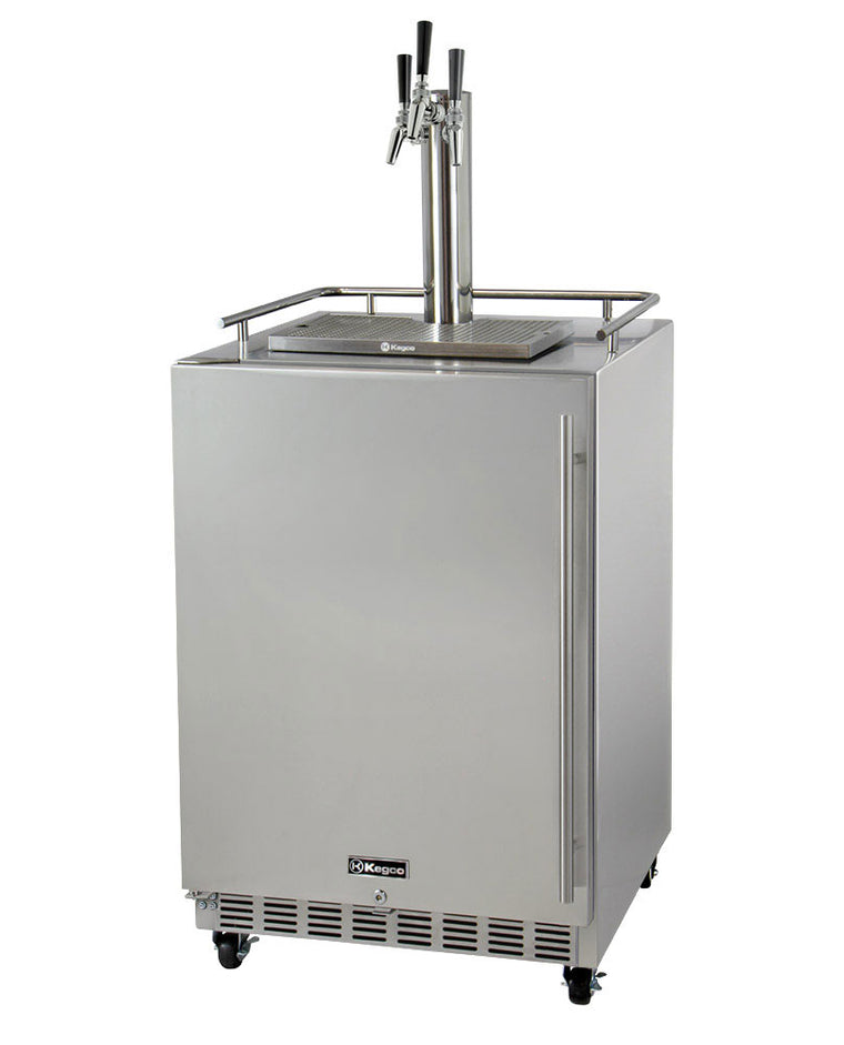 Kegco24" Wide Triple Tap All Stainless Steel Commercial Outdoor Left Hinge Kegerator with Kit - HK38SSC-L-3 - Wine Cooler City