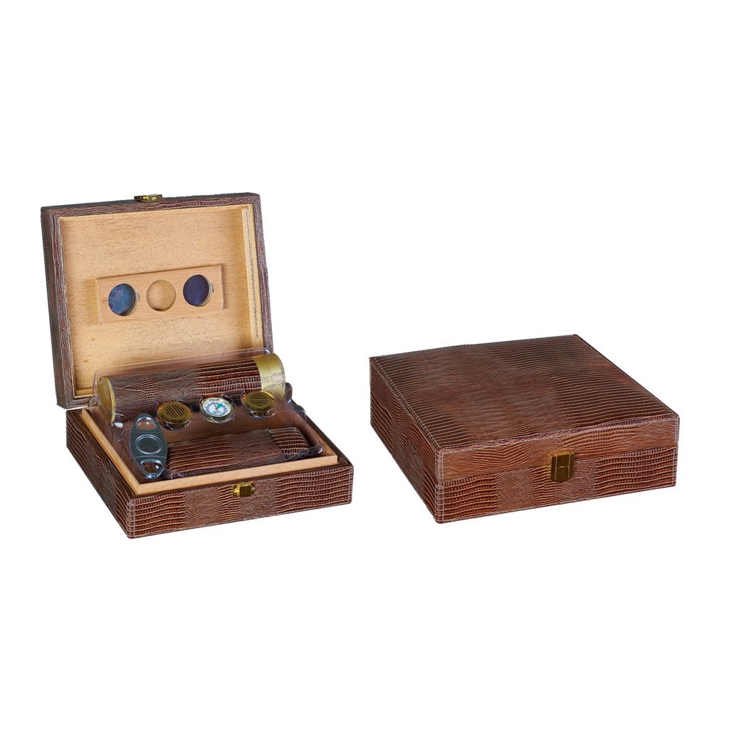 The Alligator Leather Humidor Gift Set - 20 Ct. Brown Leather Gift Set w/ Matching Accessories