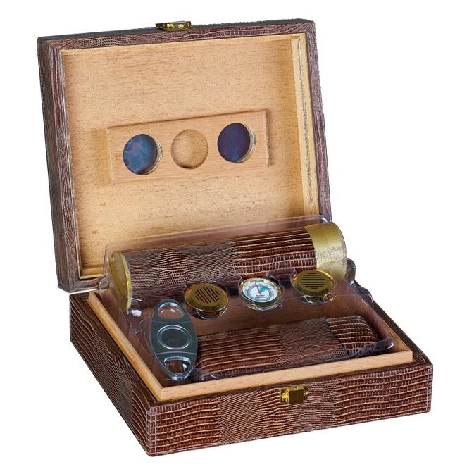 The Alligator Leather Humidor Gift Set - 20 Ct. Brown Leather Gift Set w/ Matching Accessories