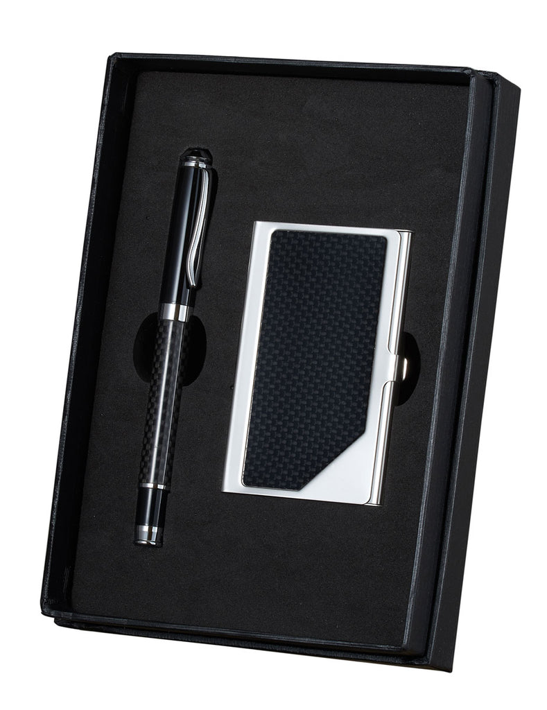Visol Executive Pen and Business Card Set - Black and Carbon Fiber - Wine Cooler City