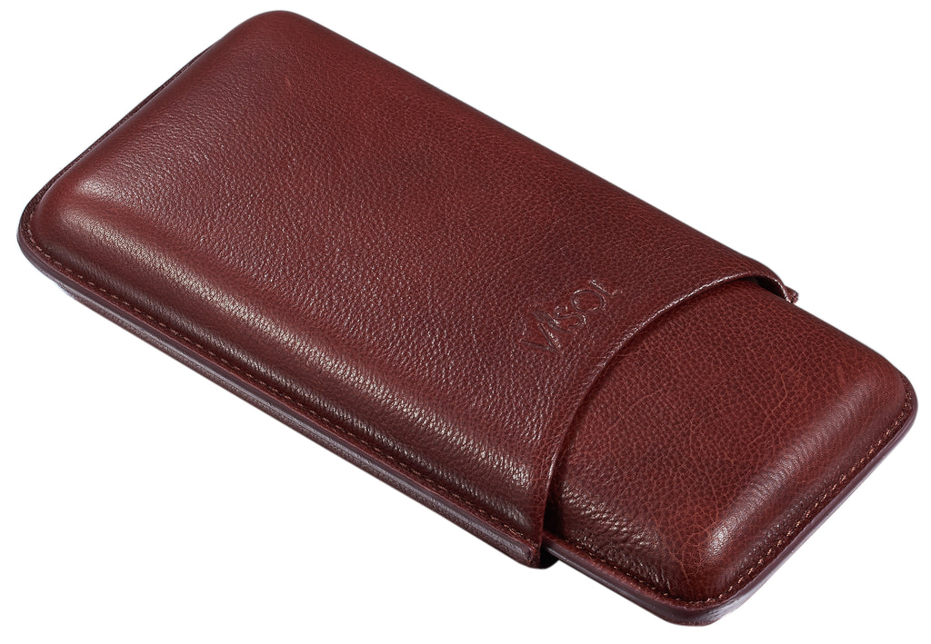 Visol Legend Burgundy Genuine Leather Cigar Case - Holds 3 Cigars - Wine Cooler City