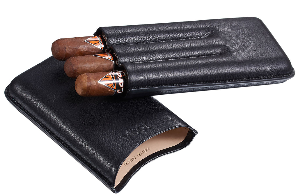 Visol Legend Black Genuine Leather Cigar Case - Holds 3 Cigars - Wine Cooler City