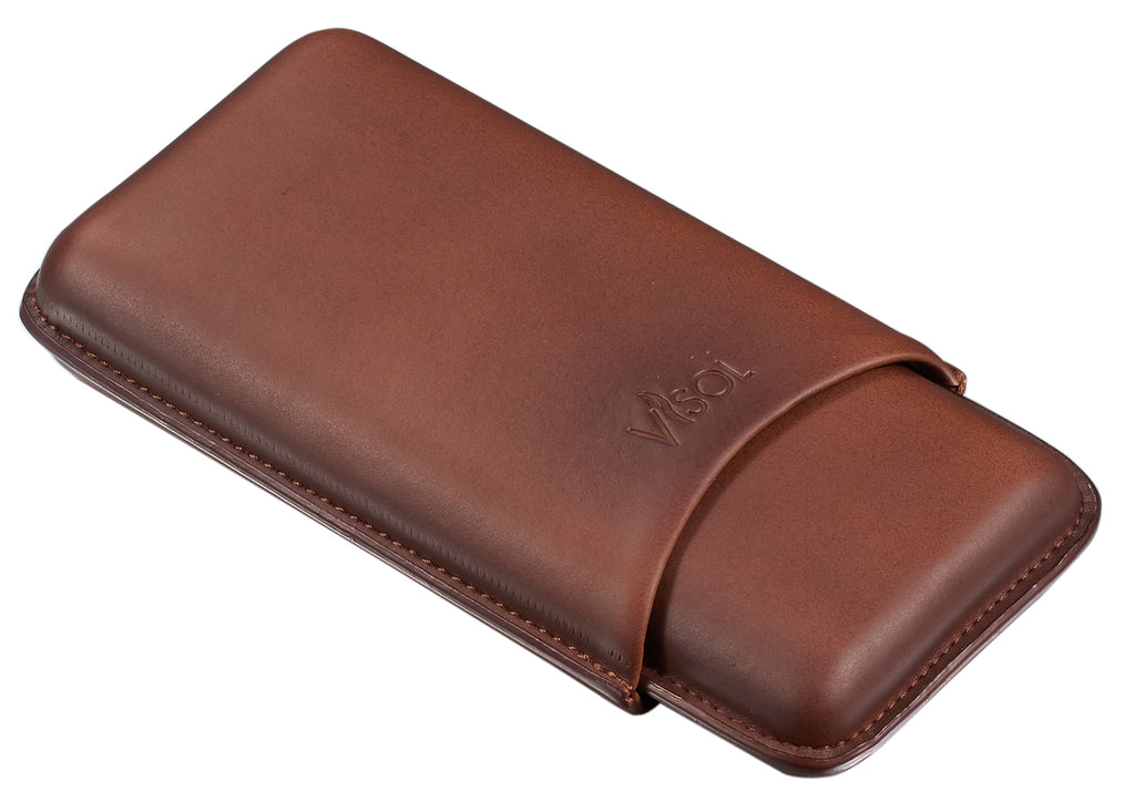 Visol Legend Brown Genuine Leather Cigar Case - Holds 3 Cigars - Wine Cooler City