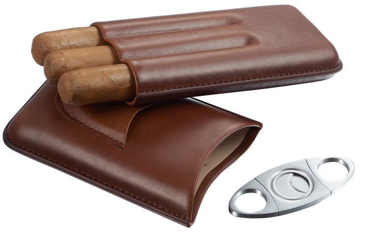 Visol Legend Brown Genuine Leather Cigar Case with Cutter - Wine Cooler City