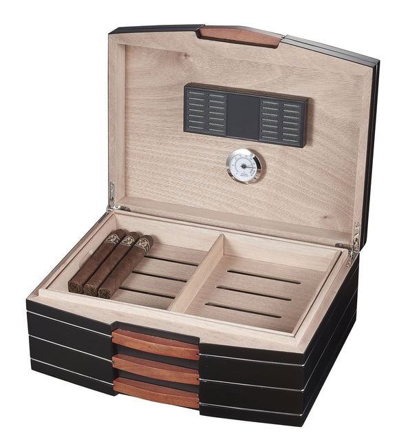 Visol Gerard Black Polished Wood Humidor - Holds 100 Cigars - Wine Cooler City