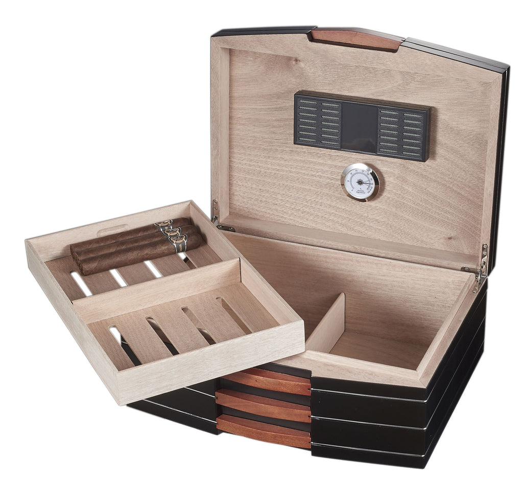 Visol Gerard Black Polished Wood Humidor - Holds 100 Cigars - Wine Cooler City
