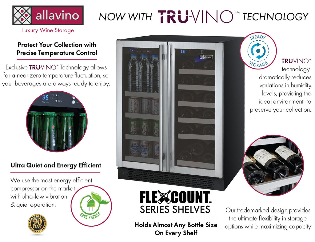 Allavino24" Wide FlexCount II Tru-Vino 18 Bottle/66 Cans Dual Zone Stainless Steel Wine Refrigerator/Beverage Center - VSWB-2SF20