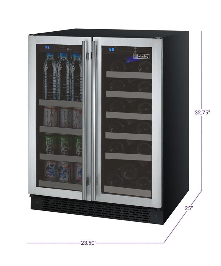 Allavino24" Wide FlexCount II Tru-Vino 18 Bottle/66 Cans Dual Zone Stainless Steel Wine Refrigerator/Beverage Center - VSWB-2SF20