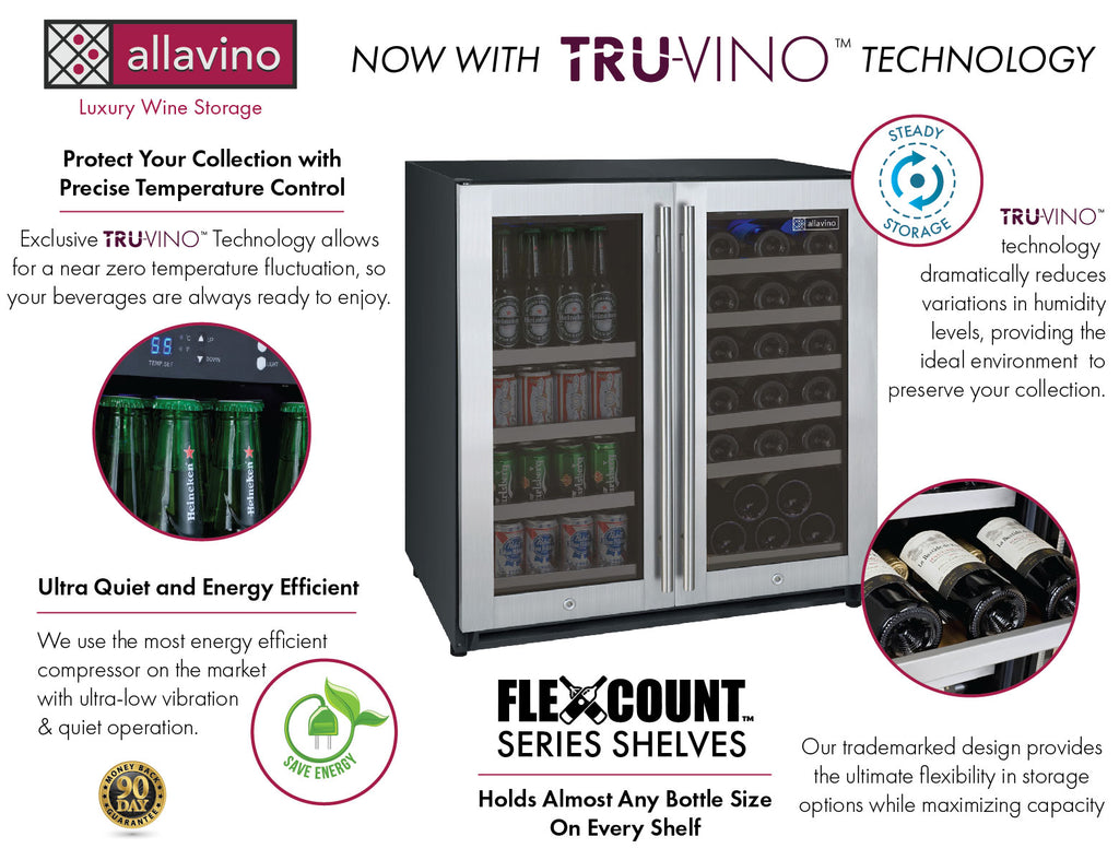 Allavino 30" Wide FlexCount II Tru-Vino 30 Bottle/88 Can Dual Zone Stainless Steel Built-In Wine Refrigerator/Beverage Center - VSWB30-2SF20
